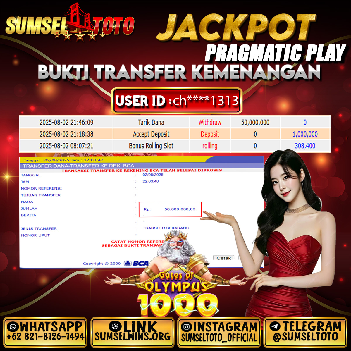 SUMSELTOTO JACKPOT SLOT GATES OF OLYMPUS 1000 Rp.50,000,000.,- LUNAS